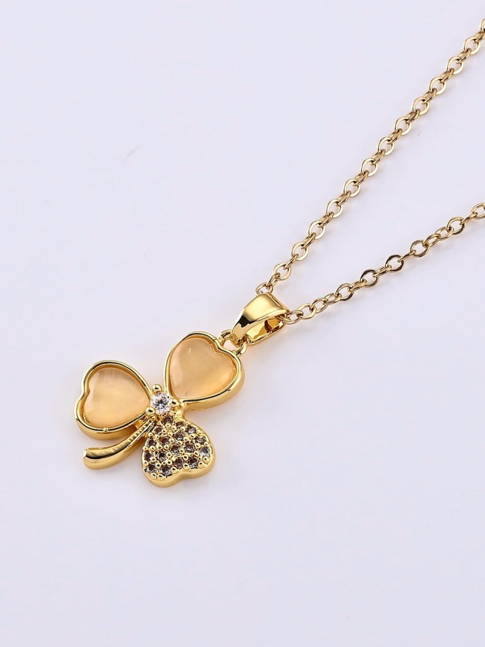 Gold Clover Heart Pendant Necklace - with lab created cat eye